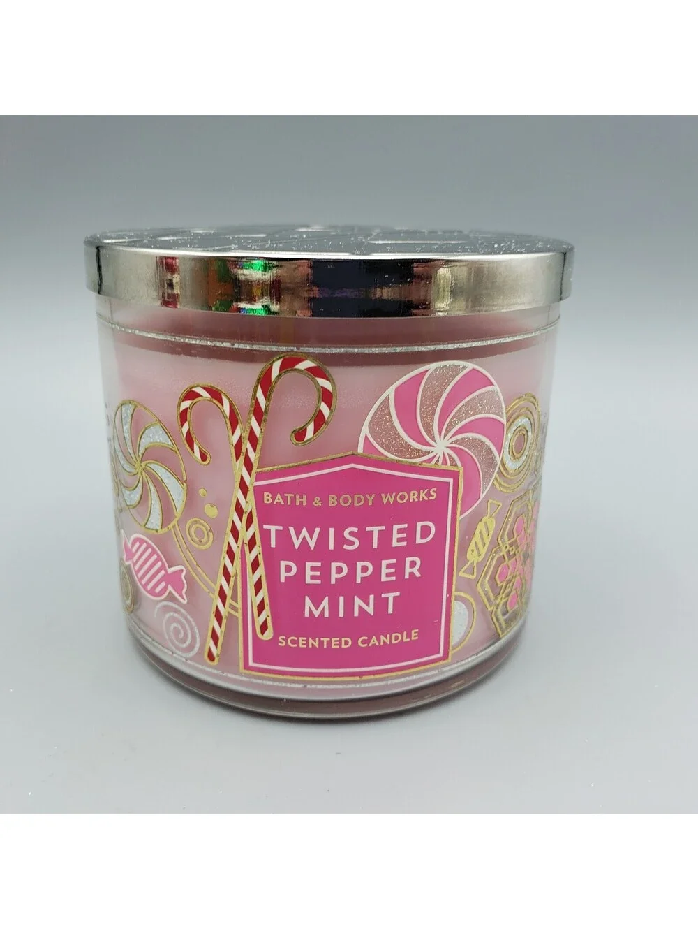 Bath & Body Works Twisted Peppermint 3 Wick 14.5 oz Jar Candle Large Pink New